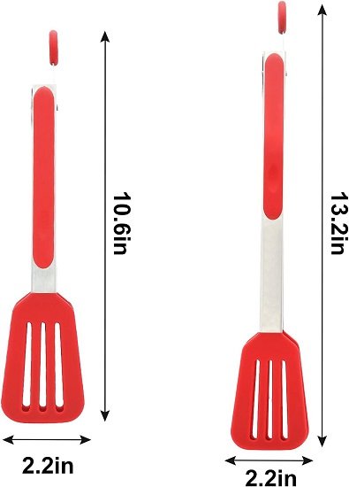 Cooking Tongs 9 inches and 12 inches Stainless Steel Kitchen Silicone Serving Tongs Heat Resistant Meat Turner Spatula Tongs Fish Tongs with Locking Handle Joint (Red)