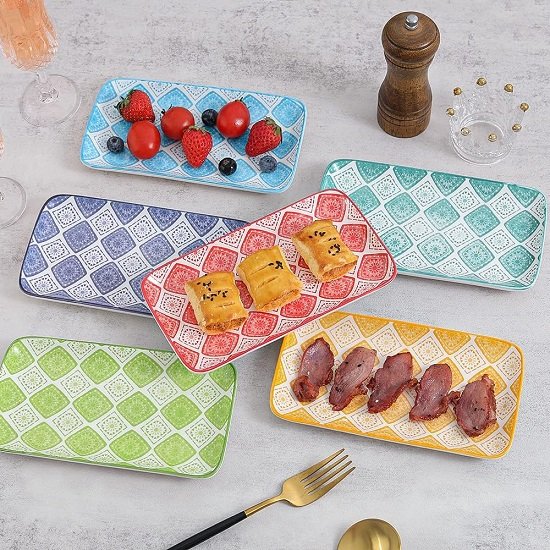 Appetizer Plate Set Dessert Plate - Small Rectangular Serving Plate for Sushi | Snacks | - Colorful Ceramic Dinnerware Set of 6 - Microwave and Dishwasher Safe - 8 Inch