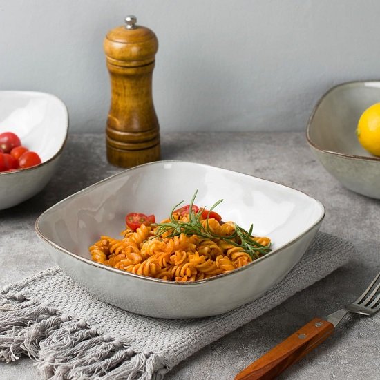 Large Pasta Bowls Set of 4, Ocean Square Bowls, Pasta Serving Bowl Large Dinner Bowls, Kitchen Bowl Set, Reactive Glaze, Microwave and Dishwasher Safe, Scratch Resistant, Grey