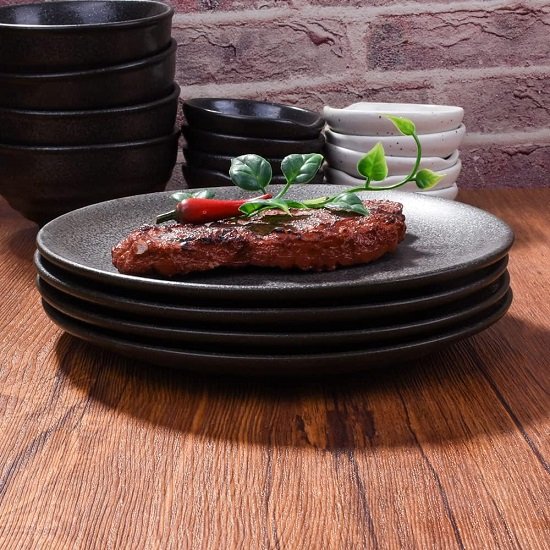 Black Plates Set, Ceramic Dinner Plates, 8 Inch  Ceramic Plates Set of 4
