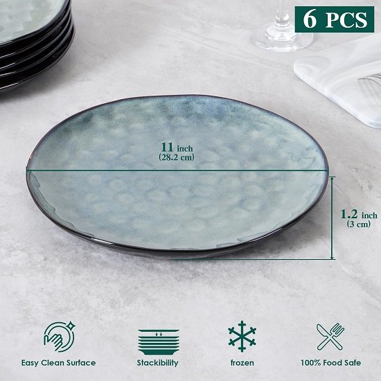 Ceramic Green Dinner Plate Set of 6, 11.4 Inch Stoneware Large Luxury Dinnerware Porcelain, Safe for Kitchen, Oven, Dishwasher, Microwave, Scratch Resistant