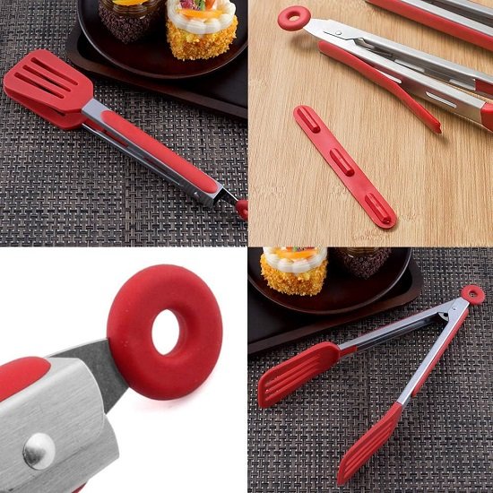 Cooking Tongs 9 inches and 12 inches Stainless Steel Kitchen Silicone Serving Tongs Heat Resistant Meat Turner Spatula Tongs Fish Tongs with Locking Handle Joint (Red)