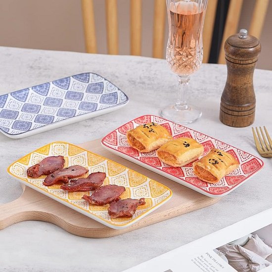 Appetizer Plate Set Dessert Plate - Small Rectangular Serving Plate for Sushi | Snacks | - Colorful Ceramic Dinnerware Set of 6 - Microwave and Dishwasher Safe - 8 Inch