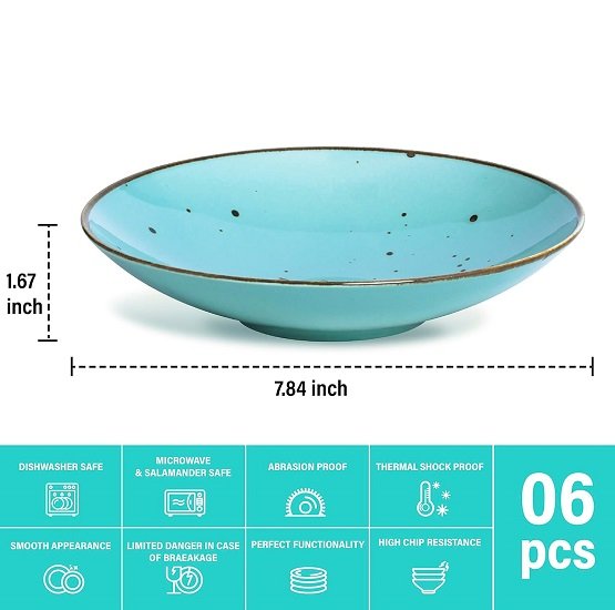 8.1" Ceramic Pasta Bowl, 26 oz Salad Bowl, Microwave and Dishwasher Safe, Sturdy and Stackable, 6-Piece Ceramic Dish and Plate Set