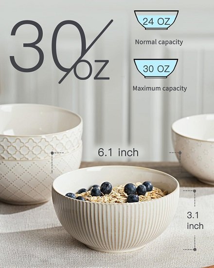 Ceramic Soup Bowls, Cereal Bowl Set of 4 with Assorted Embossment (6.1 inch & 30 oz), Farmhouse Vintage Color Bowls for Kitchen