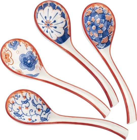 Ceramic Soup Spoons  - Soup Spoons with Long Curved Handle for Ramen Noodles,Dumpling,Rice(4 Pcs)