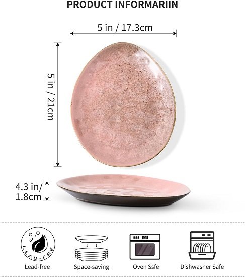 Small Appetizer, Salad Plates, Ceramic Dessert, Snacks Plates - Stoneware Kitchen Serving Side Dishes- Set of 6 (Pink)
